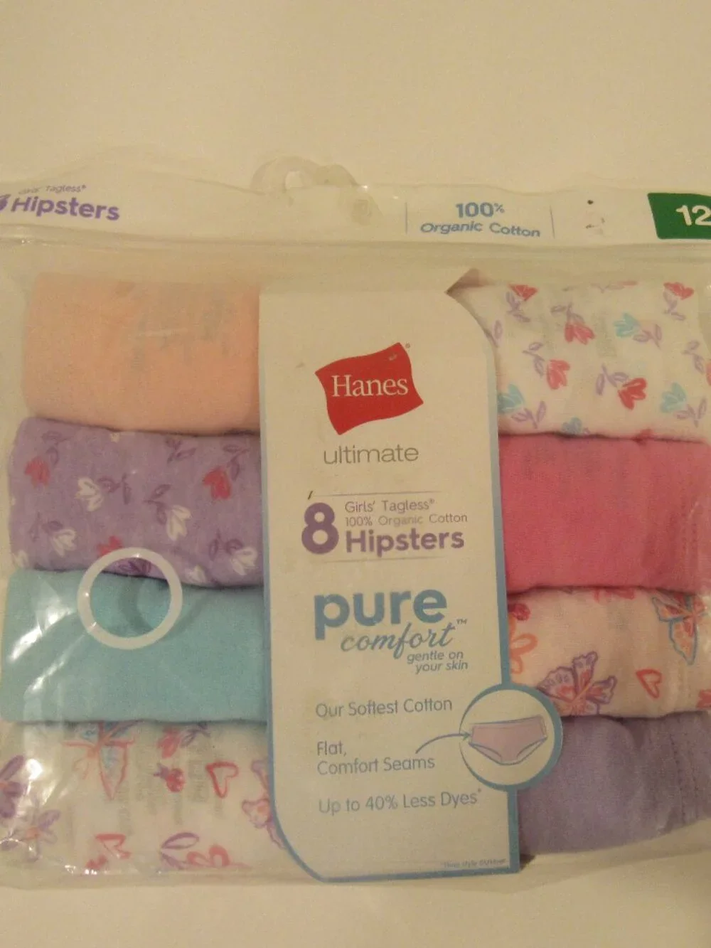 NEW PACK OF 8 GIRLS HANES HIPSTERS 100% ORGANIC COTTON SIZE 12